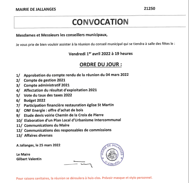 Conseil Municipal du 01/04/2022