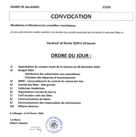 Convocation du Conseil Municipal du 16-02-2024