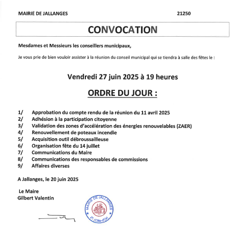 Convocation du Conseil Municipal du 27-06-2025