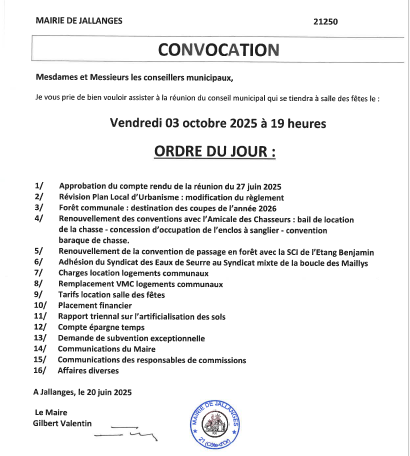 Convocation du Conseil Municipal du 03-10-2025