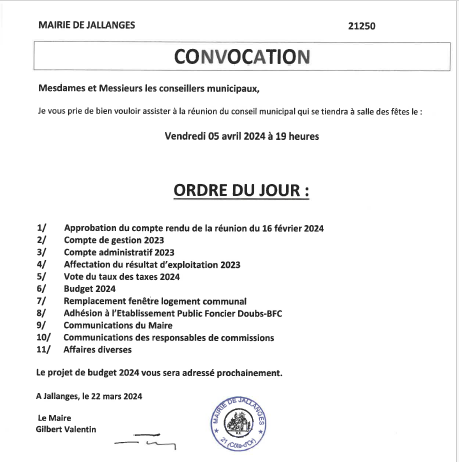 Convocation du Conseil Municipal du 05-04-2024