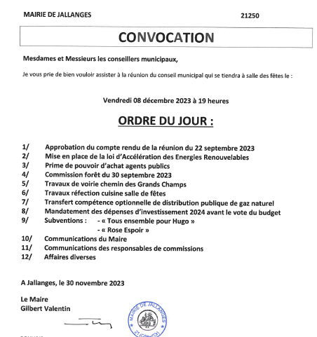 Convocation du Conseil Municipal du 08-12-2023